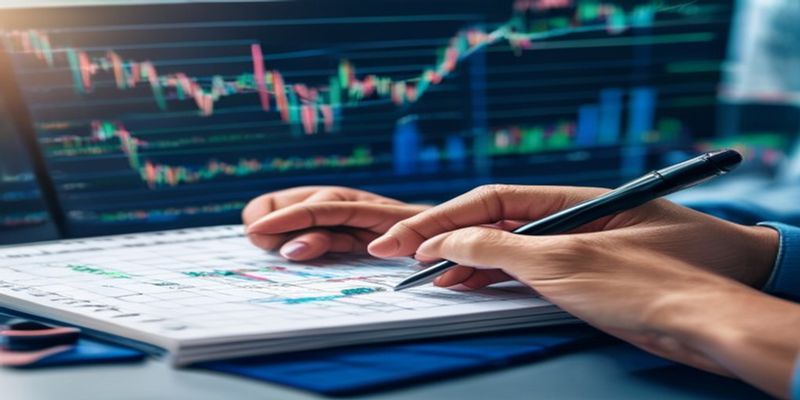 trader reviewing a journal with charts and handwritten notes